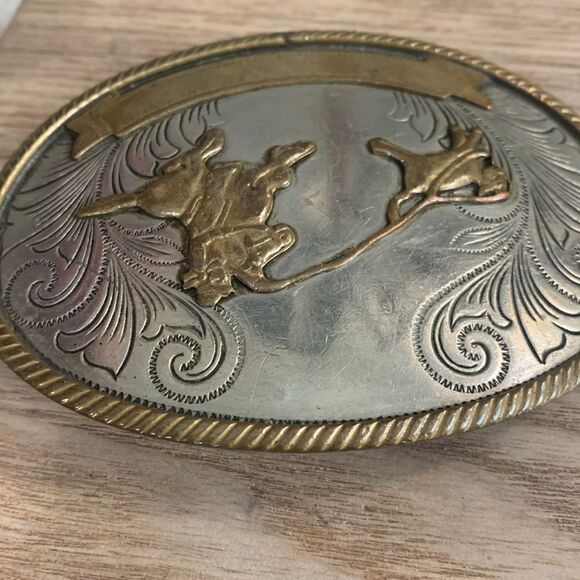 Vintage German Silver Cowboy Roping Calf Oval Belt Buckle - Picture 12 of 17
